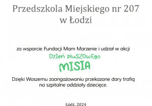 podziękowanie - Fundacja Mam Marzenie "Dzień Pluszowego Misia" - listopad 2024