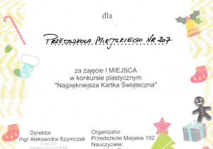 dyplom - najpiękniejsza kartka świąteczna - konkurs plastyczny - grudzień 2024