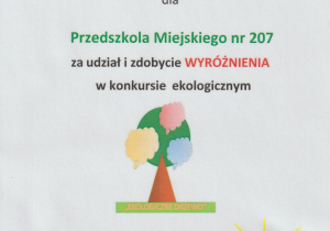 dyplom - konkurs ekologiczny - wyróżnienie - kwiecień 2025