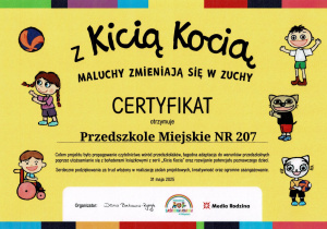 certyfikat - udział w projekcie ogólnopolskim - Z Kicią Kocią maluchy zmieniają się w zuchy