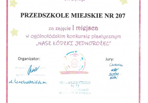 dyplom - I miejsce - konkurs plastyczny - nasz łódzki jednorożec - czerwiec 2025