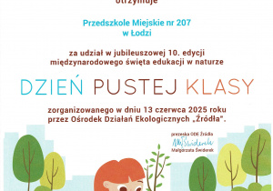 certyfikat - międzynarodowe święto edukacji w naturze - dzień pustej klasy - czerwiec 2025