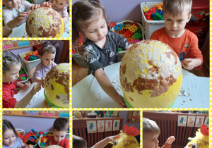 dzieci oklejają pisankę skorupkami jajek, mocują dziobek i oczy