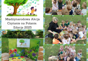 dzieci siedzą na kocyku w ogrodzie przedszkolnym