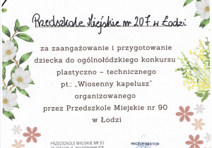 podziękowanie - konkurs plastyczno - techniczny "Wiosenny kapelusz"