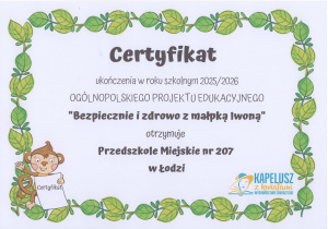 certyfikat - projekt ogólnopolski - bezpiecznie i zdrowo z małpką Iwoną