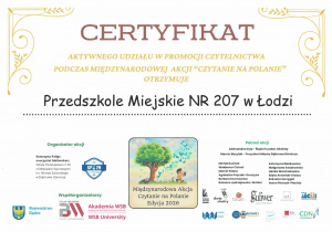 certyfikat - projekt międzynarodowy - czytanie na polanie