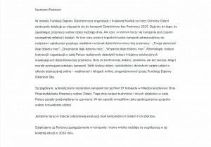 list Fundacji Dajemy dzieciom Siłę oraz Krajowej Koalicji na rzecz Ochrony Dzieci