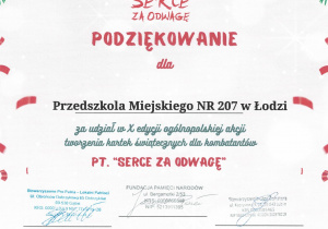 podziękowanie za udział w ogólnopolskiej akcji tworzenia kartek dla kombatantów