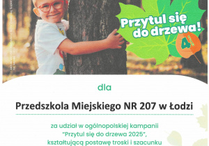 certyfikat placówki edukacyjnej przyjaznej drzewom - przytul się do drzewa 2025