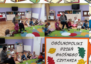 dzieci siedząc w kole słuchają czytanych opowiadań