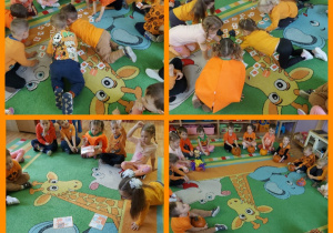 dzieci poszukują obrazków przedmiotów w kolorze pomarańczowym