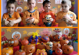 chłopcy prezentują wykonane dyniowe stworki