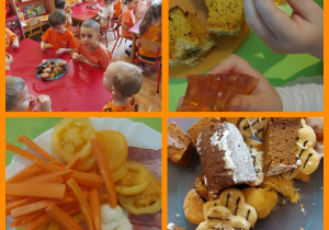 dzieci degustują pomarańczowe ciasta, ciasreczka, owoce, warzywa i galaretki