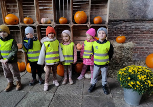 dzieci pozują na tle z ustawionych dyń