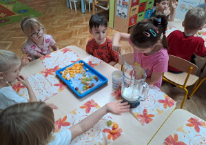 dziewczynka przygotowuje składniki owocowego jogurtu