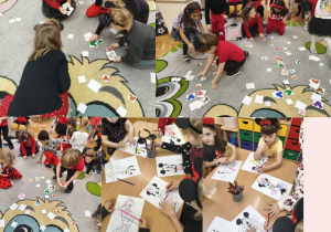 dzieci układają domino oraz kolorują obrazki z Myszką Miki i jej przyjaciółmi