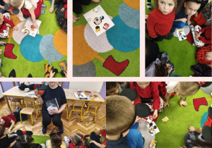 dzieci układają obrazki z Myszką Miki z kilku elementów