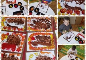 dzieci tworzą prace plastyczne "Jeże"