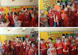 dzieci ubrane na czerwono z serduszkami