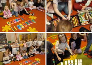 dzieci układają napis / rozkładają kredki