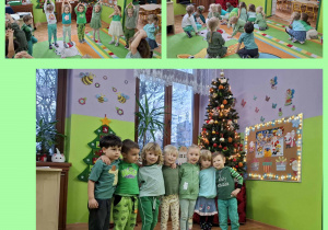 dzieci bawią się przy zielonej choince