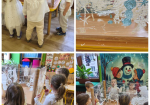 dzieci malują zimowy krajobraz na folii