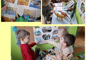 dzieci oglądają ilustracje i albumy o dinozaurach