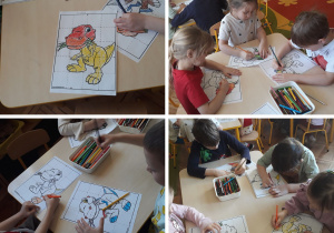 dzieci kolorują sylwety dinozaurów