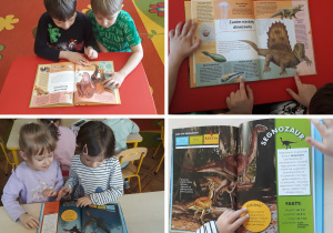 dzieci ogladają albumy o dinozaurach
