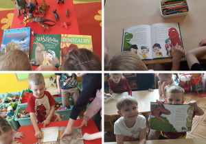 dzieci słuchają czytanej treści z książki "Wizyta w Juraparku"