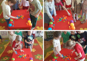 dzieci układają rytm czterokolorowy z figurek dinozaurów