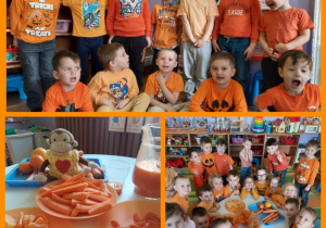 dzieci na pomarańczowo z pomarańczowymi przekąskami