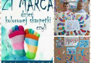 dzieci prezentują wykonany plakat i kolorowe skarpetki