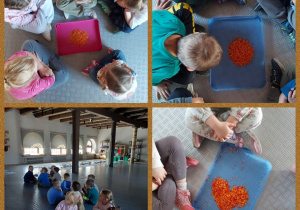 dzieci układają wzory z ryżu