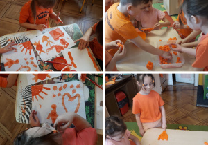 dzieci wykonują prace plastyczno - techniczne w kolorze pomarańczowym