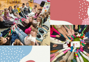 dzieci prezentują swoje kolorowe skarpetki nie do pary