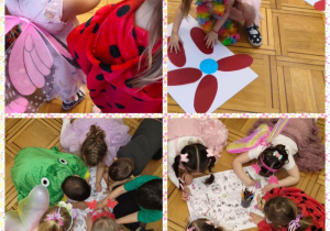 dzieci kolorują i układają kwiaty z części