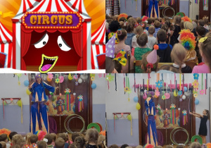 dzieci oglądają pokazy szczudlarza