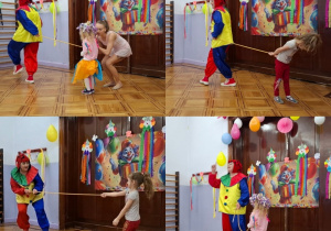 dzieci uczestniczą w psotach klauna