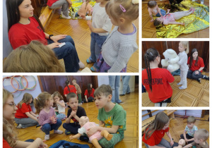 dzieci obserwują i ćwiczą sztuczne oddychanie i bandażowanie