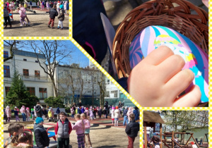 dzieci w ogrodzie przygotowują się do xsjęć z króliczkiem wielkanocnym