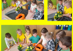 dzieci wsadzają kwiatki do doniczki