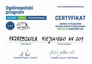certyfikat - uczymy dzieci programować - edycja 2020/2021