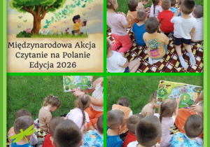dzieci słuchaja czytanych opowieści na kocu w ogrodzie