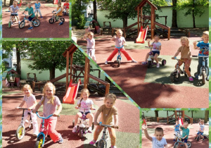 dzieci prezentują jazdę na rowerze w ogrodzie z zachowaniem bezpieczeństwa
