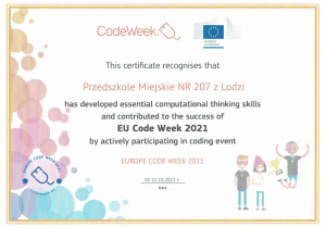 certyfikat dla przedszkola - CODE WEEK 2021
