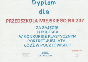 dyplom - plastyczny - portret jubilata - Łódź w pocztówkach - kwiecień 2023